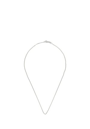 Delicata collana a catena in argento con piccolo moschettone, esposta su sfondo bianco.