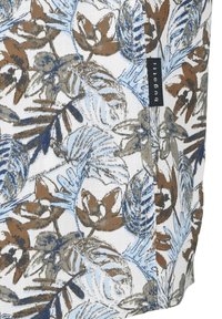 Blumiger Stoff mit einer Mischung aus Braun-, Blau- und Weißtönen sowie Blatt- und Blumenmustern. Enthält ein schwarzes Markentag an der Seite.