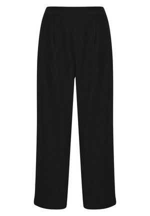Czarne szerokie spodnie o gładkiej teksturze, z przodu zaszewkami i elastycznym paskiem w talii dla wygody.