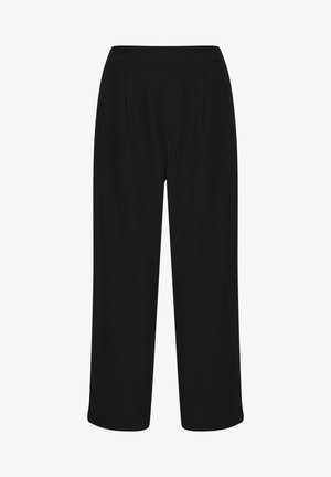 Czarne szerokie spodnie o gładkiej teksturze, z przodu zaszewkami i elastycznym paskiem w talii dla wygody.