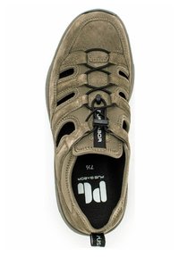 Olivgrüner Wanderschuh mit Obermaterial aus Wildleder, Gummisohle und elastischem Schnürsystem. Verfügt über mehrere Belüftungsschlitze und eine Zuglasche.