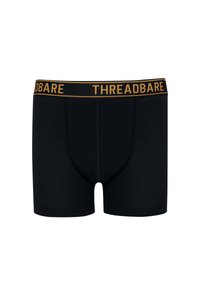 Boxer neri realizzati in tessuto morbido, dotati di una ampia fascia in vita nera con la scritta "THREADBARE" stampata in lettere dorate. Texture liscia.