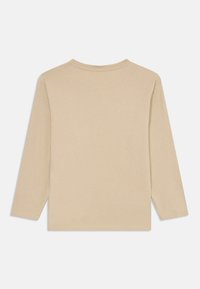 Beige langärmliges T-Shirt aus weicher Baumwolle, mit Rundhalsausschnitt und geradem Saum. Einfaches Design, keine auffälligen Muster oder Akzente.
