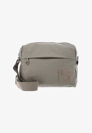 Petit sac bandoulière gris avec poche zippée à l'avant et bandoulière réglable, tissu à motifs, avec l'inscription "MD 20" imprimée en bas à droite à l'avant.