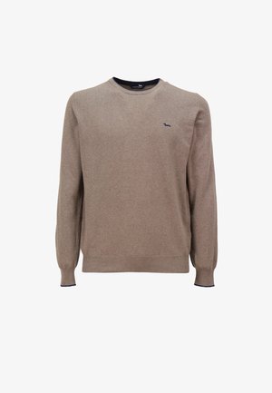 Hnedý sveter s dlhými rukávmi, okrúhlym výstrihom, rebrovanými nohavicami a manžetami. Na hrudi má malé námornícke logo. Textúrovaná tkanina.