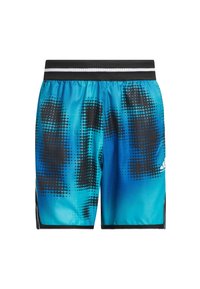 Shorts de sport bleu et noir avec un design dégradé et des motifs à pois. Ceinture élastique avec deux rayures blanches. Matériau léger.