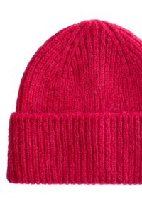 Knitted red beanie hat featuring a ribbed texture and a folded cuff. Material appears soft and warm, with a consistent color throughout.