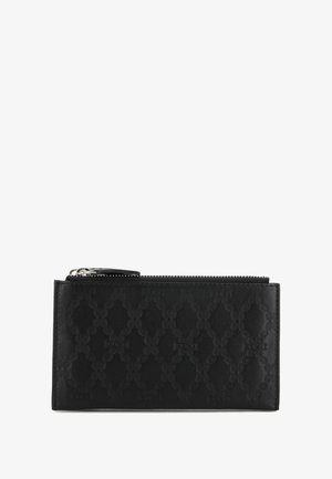 Portafoglio in pelle nera con motivo a rilievo, forma rettangolare, chiusura con cerniera e una leggera lucentezza; presenta una superficie texturizzata.