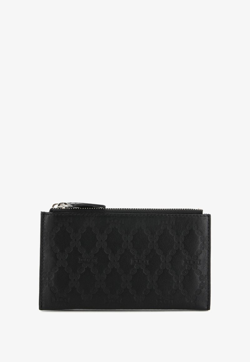 Portafoglio in pelle nera con motivo a rilievo, forma rettangolare, chiusura con cerniera e una leggera lucentezza; presenta una superficie texturizzata.