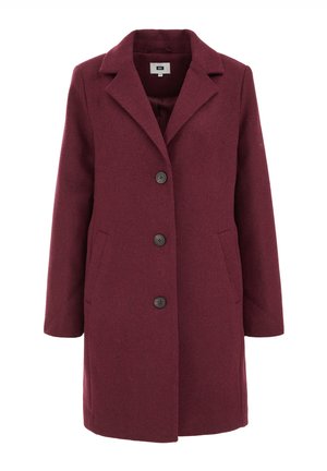 Burgundský vlněný kabát s klopovým límcem, jednobarevným designem, třemi černými knoflíky a bočními kapsami. Hladká textura a délka ke kolenům.