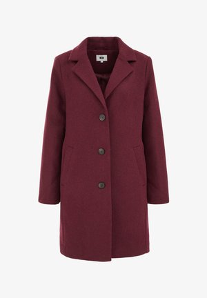 Palton din lână bordeaux cu guler tip cămașă, design cu un singur rând de nasturi, trei nasturi negri și buzunare laterale. Textură fină și lungime până la genunchi.