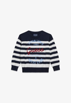 Marineblaue und weiße gestreifte Strickpullover mit einem gerippten Rundhalsausschnitt. Verfügt über ein "Guess"-Logo und einen Schriftzug in roter und hellblauer Stickerei.