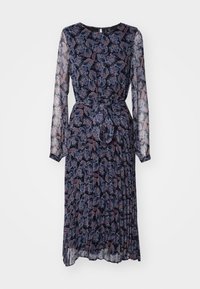 Långärmad, marinblå klänning med blommönster, plisserad kjol och midjeband. Genomskinligt tyg med intrikata detaljer och rund halsringning.