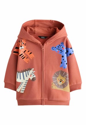 Rustkleurige kinderhoodie met rits, met cartoon-ontwerpen van een tijger, blauwe luipaard, zebra en leeuw.
