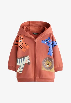 Rustfarvet børnehættetrøje med lynlås, med tegneserieillustrationer af en tiger, blå leopard, zebra og løve.