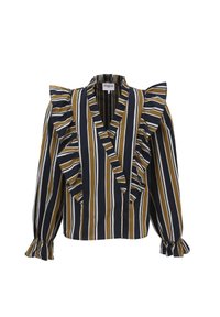 Blouse rayée avec des manches à volants, arborant des rayures bleu marine, or et blanches. Design en V avec fermeture à boutons et poignets évasés.