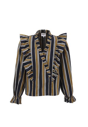 Gestreepte blouse met ruche-mouwen, voorzien van marineblauwe, gouden en witte strepen. V-halsontwerp met knoopsluiting en uitlopende manchetten.