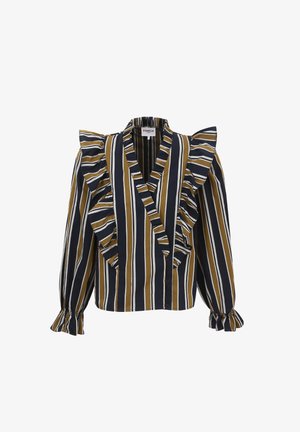 Gestreepte blouse met ruche-mouwen, voorzien van marineblauwe, gouden en witte strepen. V-halsontwerp met knoopsluiting en uitlopende manchetten.