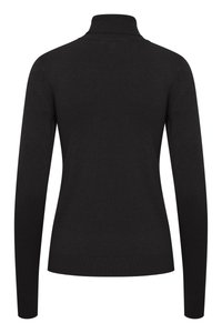 Pull noir à col roulé avec manches longues, texture côtelée au niveau du col et de l'ourlet, coupe ajustée, et tissu lisse. Sans motifs ni accents.