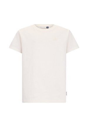 Schlichtes weißes T-Shirt mit kurzen Ärmeln und Rundhalsausschnitt, kleinem aufgesticktem Logo auf der Brust und Stoffetikett an der Seitennaht.