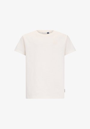 Prosty biały T-shirt z krótkim rękawem i okrągłym dekoltem, z małym haftowanym logo na piersi oraz metką z tkaniny na bocznym szwie.