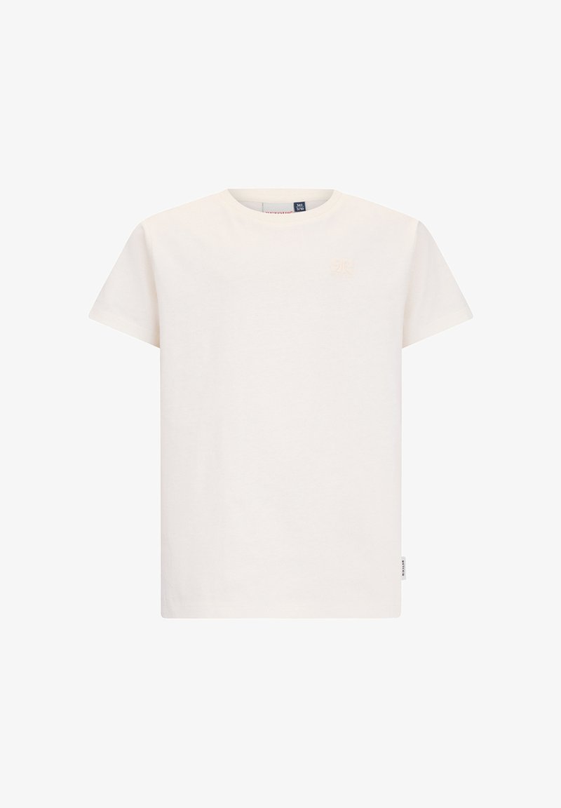 Effen wit T-shirt met korte mouwen en ronde hals, met een klein geborduurd logo op de borst en een stoffen label aan de zijnnaad.