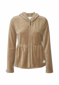 Kaporový kabát z jemného, svetlohnedého zamatového materiálu. Obsahuje zips vpredu, peplum pás a dlhé rukávy. Pozoruhodná textúra a hladký povrch.