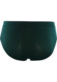 Slip in cotone verde scuro con una texture liscia, fascia elastica in vita e design snello. La vista posteriore mostra una copertura totale e cuciture minime.