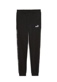 Pantalones de chándal negros hechos de una tela suave, con una cinturilla elástica, rayas laterales con un sutil estampado y un logo de Puma blanco en la parte delantera.