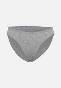 Γκρι βαμβακερό γυναικείο εσώρουχο στυλ μπικίνι με ελαστική μέση και ανοίγματα στα πόδια σε λευκό φόντο.