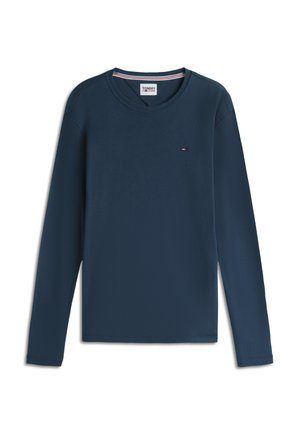 Mörkblå långärmad tröja med rund halsringning och liten Tommy Jeans-logotyp på vänster bröst samt randig detalj på innerkragen.