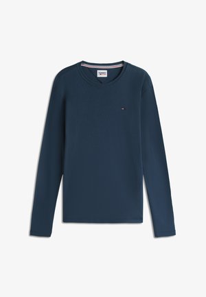 Navyblå langærmet t-shirt med rund hals, med lille Tommy Jeans-logo på venstre bryst og detalje med striber på indersiden af kraven.