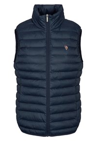 Námornická puffer vesta s vysokým límcem, vertikálním prošíváním a plným předním zipem. Obsahuje vyšitý logo na levé straně hrudi.