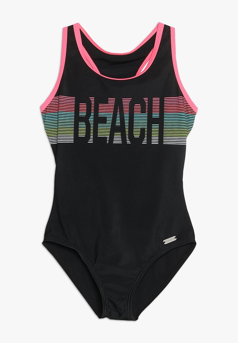 Maillot de bain noir une pièce avec des accents roses, présentant un texte audacieux "PLAGE" en bandes multicolores sur la poitrine. Texture du tissu lisse.