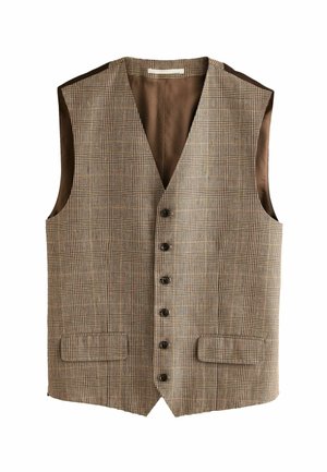 Braune und beige karierte Herrenweste mit fünf Knöpfen und zwei vorderen Pattentaschen, mit tiefem V-Ausschnitt und einfarbig braunem Rückfutter.
