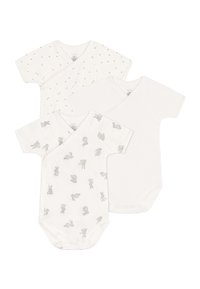 Tres bodysuits de bebé de manga corta: dos en blanco con acentos grises, uno con un patrón de animales grises. Tela de algodón suave, diseño envolvente.