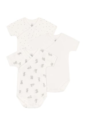Three short-sleeve baby bodysuits: two in white with gray accents, one with a gray animal pattern. Soft cotton fabric, wrap design.