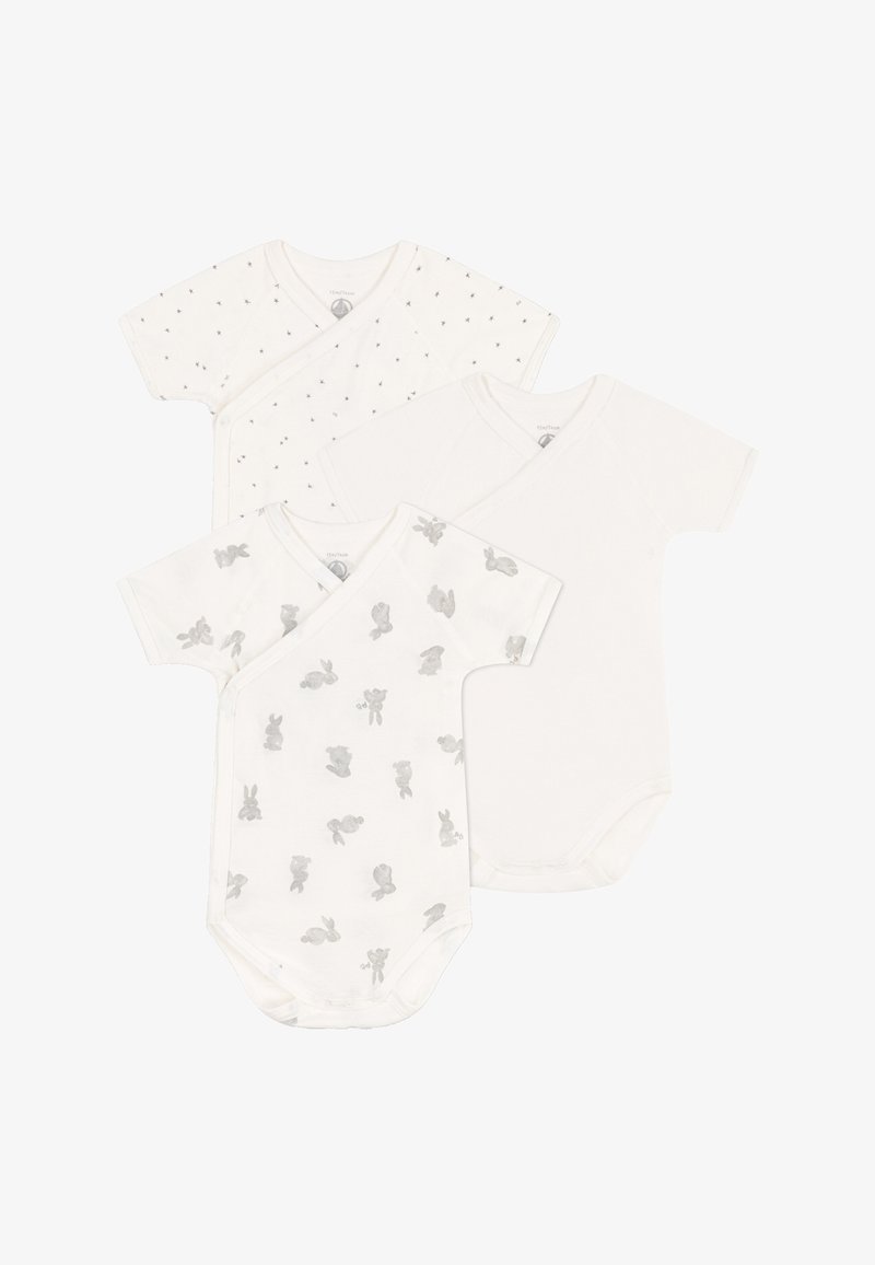 Tre korte ermers baby bodysuits: to i hvitt med grå detaljer, en med et grått dyremønster. Mykt bomullsstoff, omslagsdesign.