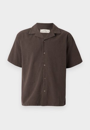 Short-sleeve shirt in dark brown with light vertical stripes, collared design, button front, and relaxed fit. Soft fabric and smooth texture.