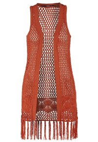 Offene, ärmellose lange Weste in Rostfarbe mit fransensaum und Diamantmustern. Hergestellt aus leichtem, strukturiertem Material.