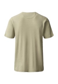 Un tricou bej cu mânecă scurtă din tricot waffle, prezentat din spate pe un fundal alb.