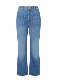 Light blue denim flared jeans with a high waist, two front pockets, two back pockets, and visible stitching detail. Soft texture and structured shape.