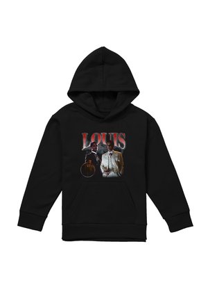 Black hoodie with three images of a man in suits and large red text "LOUIS" above the images on the chest.