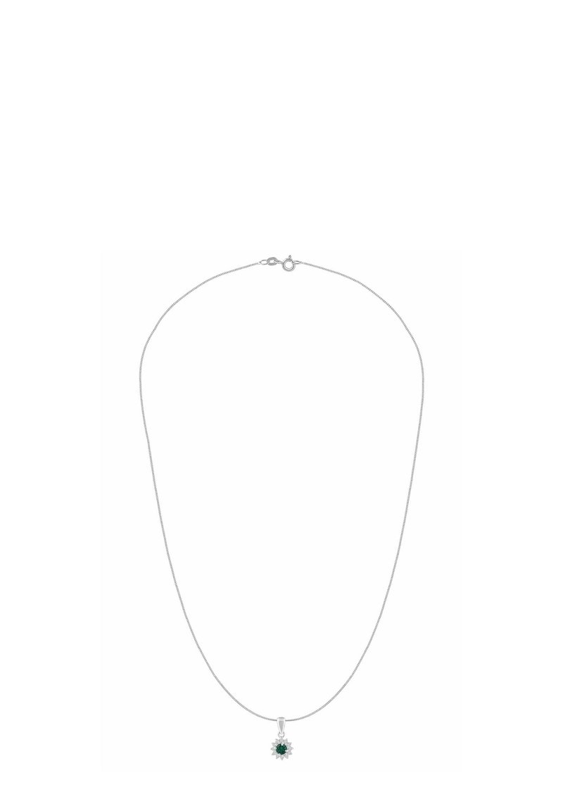 Collar de cadena plateada con un colgante de piedra preciosa redonda verde, fijado en un cierre de metal con forma floral, con un acabado liso y pulido.
