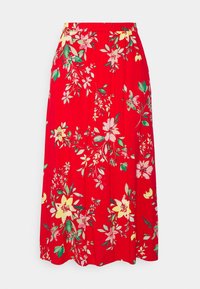 Red floral skirt featuring a pleated design with yellow and green flowers, an elastic waistband, and a flowing fabric texture.