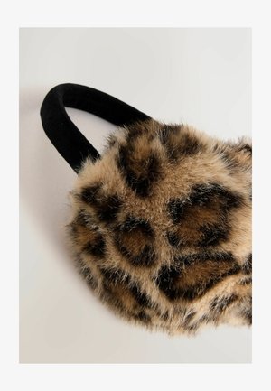 Lažne krznene uši s uzorkom leoparda u smešnim i crnim tonovima, s mekanom teksturom i crnim remenom obloženim tkaninom.