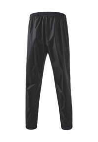 Zwarte, waterdichte broek met een elastische tailleband, taps toelopende vorm en elastische boorden bij de enkels. Gladde, glanzende stof zonder zichtbare patronen.
