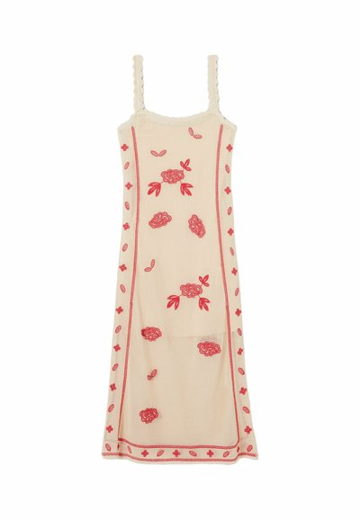 Abito senza maniche color crema con ricamo floreale rosa e spalline smerlate, dal design dritto e di lunghezza media.