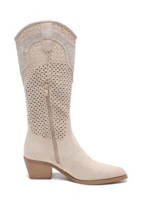 Botas de cowboy de ante beige con un diseño perforado, punta afilada y cremallera lateral. Tacón bajo apilado y detalle de costura reforzada.