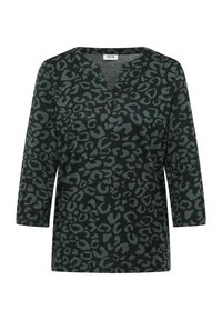 Haut vert à motifs léopard avec des manches trois-quarts et un col en V. Fabriqué en tissu doux, avec une coupe ample et une texture subtile.